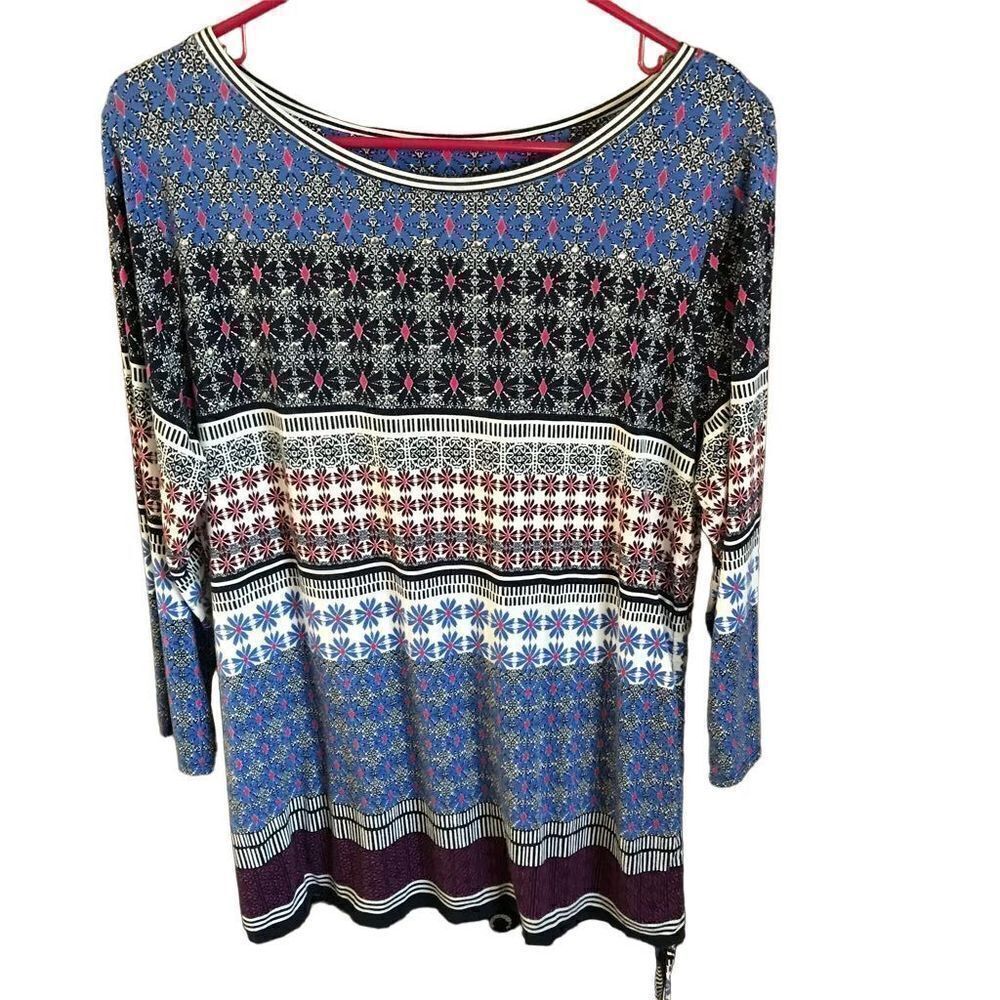 Ruby Rd Size Large blouse top embellished 3/4 sleeve blue side tie